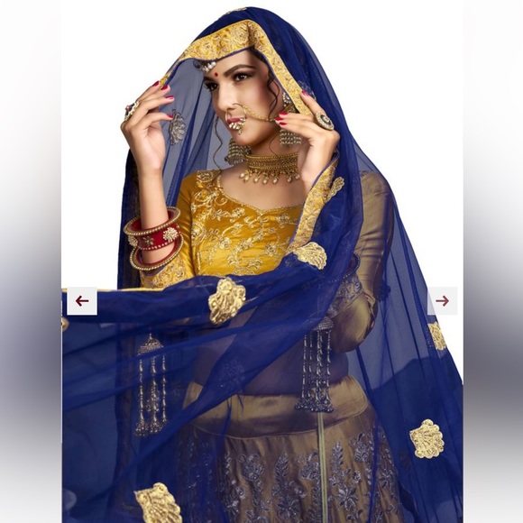 Yellow Embroidered Satin Lehenga (Semi-Stitched) - Picture 2 of 7